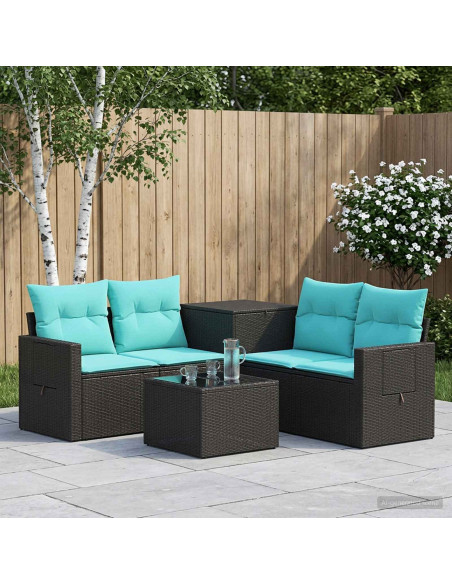 Set di divani 6 pz Nero e Blu Rattan sintetico e Acciaio