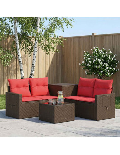 Set di divani 6 pz Marrone e Rosso Rattan sintetico e Acciaio