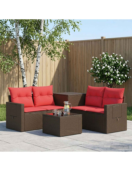 Set di divani 6 pz Marrone e Rosso Rattan sintetico e Acciaio
