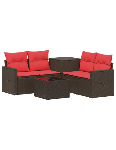 Set di divani 6 pz Marrone e Rosso Rattan sintetico e Acciaio