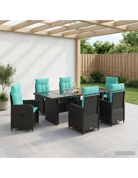 Set da pranzo per esterni 7 pz Nero e Turchese polyrattan