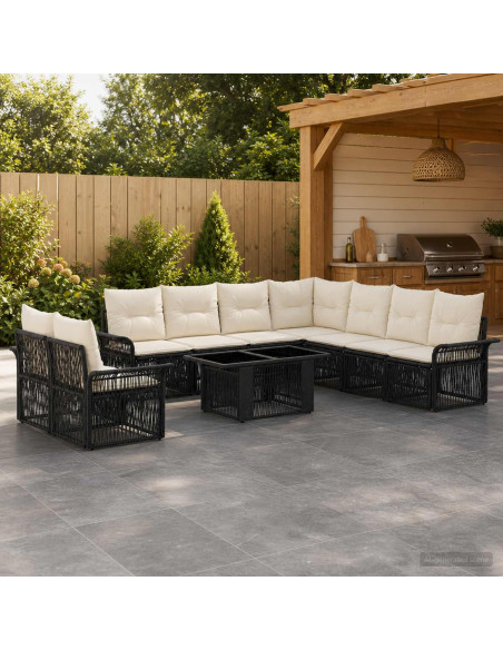 Set Divano da Giardino 10 pz Nero e Bianco Crema polyrattan