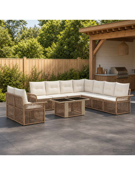 Set Divano da Giardino 10 pz Beige e Bianco Crema polyrattan