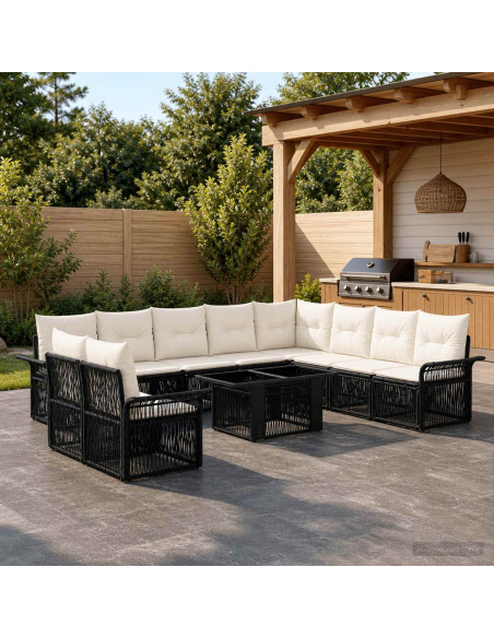 Set Divano da Giardino 11 pz Nero e Bianco Crema polyrattan