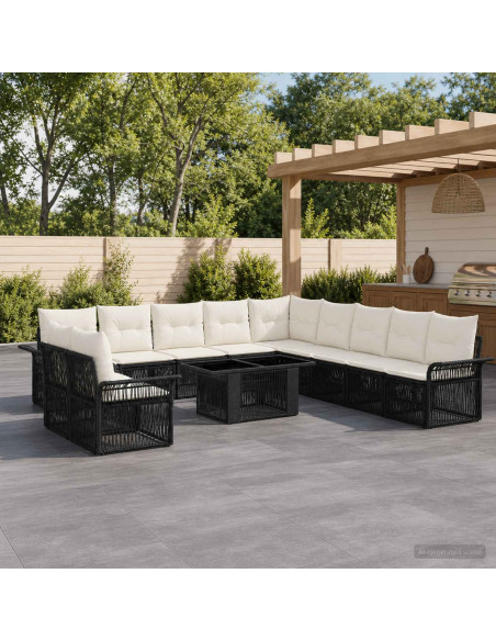 Set Divano da Giardino 12 pz Nero e Bianco Crema polyrattan