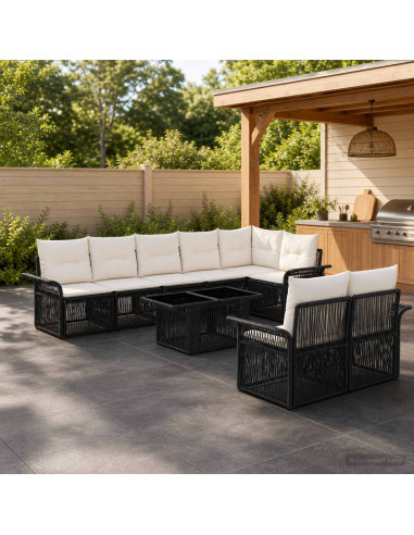 Set Divano da Giardino 9 pz Nero e Bianco Crema polyrattan