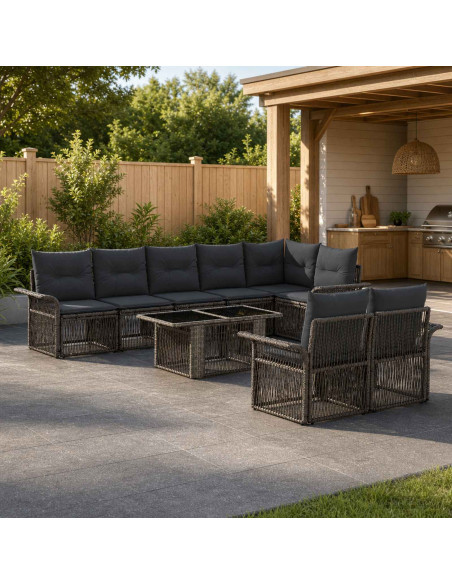 Set Divano da Giardino 9 pz Grigio e Grigio Scuro polyrattan