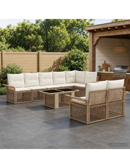 Set Divano da Giardino 9 pz Beige e Bianco Crema polyrattan