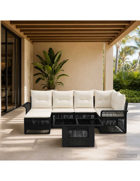 Set Divano da Giardino 7 pz Nero e Bianco Crema polyrattan