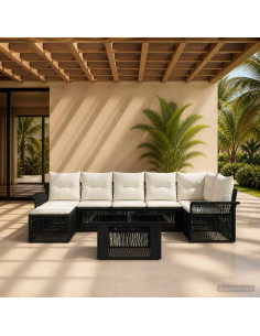 Set Divano da Giardino 8 pz Nero e Bianco Crema polyrattan