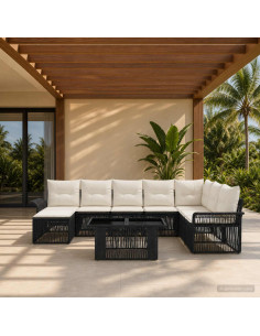 Set Divano da Giardino 9 pz Nero e Bianco Crema polyrattan