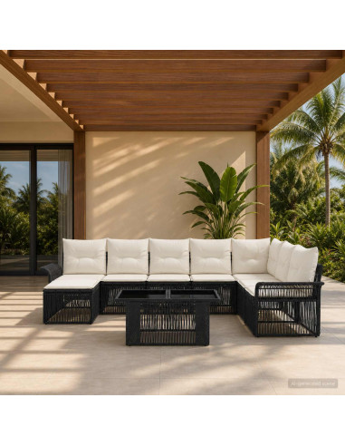Set Divano da Giardino 9 pz Nero e Bianco Crema polyrattan