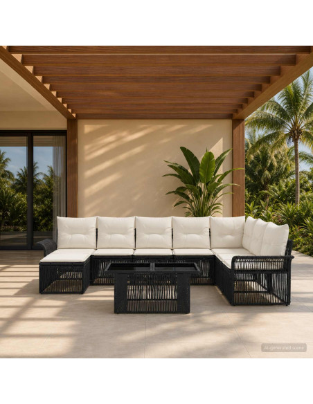 Set Divano da Giardino 9 pz Nero e Bianco Crema polyrattan