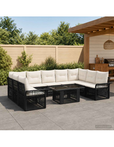Set Divano da Giardino 10 pz Nero e Bianco Crema polyrattan