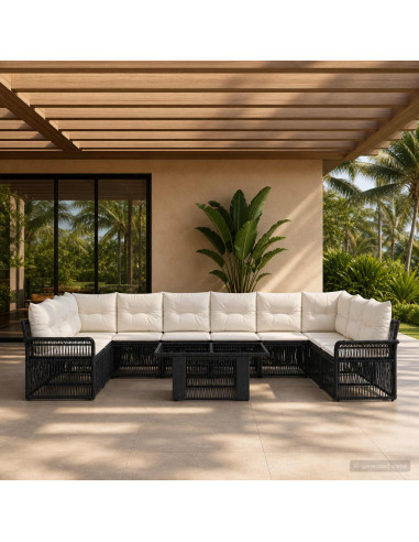 Set Divano da Giardino 11 pz Nero e Bianco Crema polyrattan