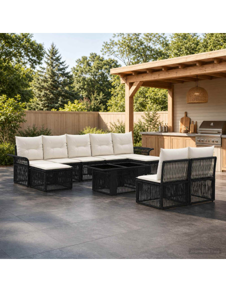 Set Divano da Giardino 10 pz Nero e Bianco Crema polyrattan