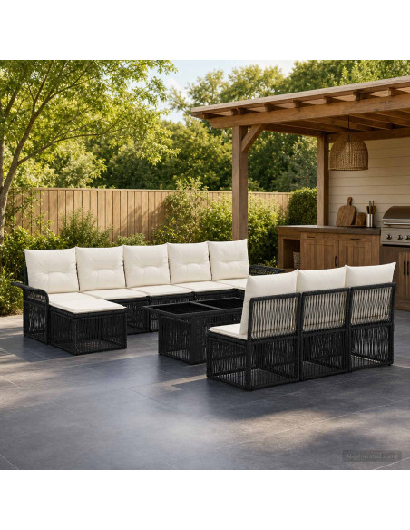 Set Divano da Giardino 11 pz Nero e Bianco Crema polyrattan