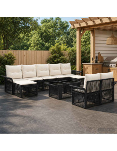 Set Divano da Giardino 10 pz Nero e Bianco Crema polyrattan