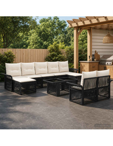 Set Divano da Giardino 10 pz Nero e Bianco Crema polyrattan