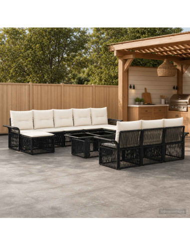 Set Divano da Giardino 11 pz Nero e Bianco Crema polyrattan