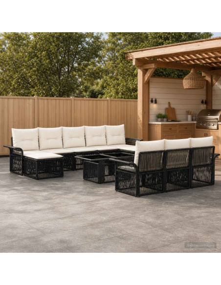 Set Divano da Giardino 11 pz Nero e Bianco Crema polyrattan