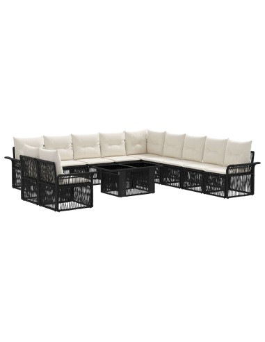 Set Divano da Giardino 12 pz Nero e Bianco Crema polyrattan