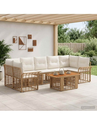 Set Divano da Giardino 8 pz Naturale e Bianco Crema polyrattan