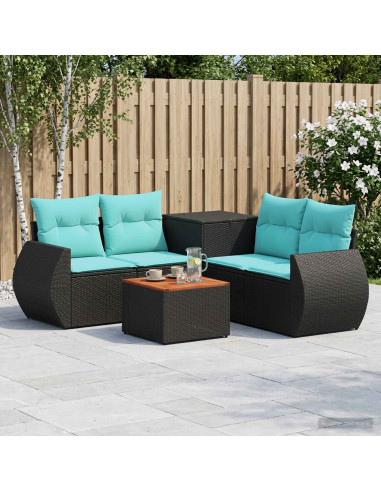 Set di divani 6 pz Nero e Blu Rattan sintetico e Acciaio