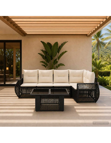 Set Divano da Giardino 6 pz Nero e Bianco Crema polyrattan