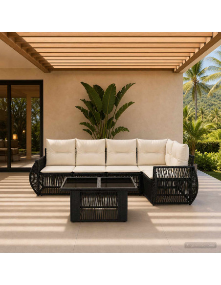 Set Divano da Giardino 6 pz Nero e Bianco Crema polyrattan