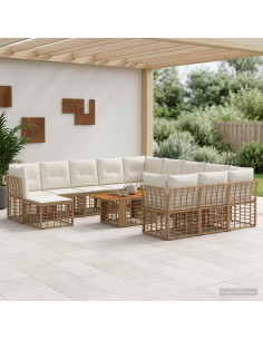 Set Divano da Giardino 13 pz Naturale e Bianco Crema polyrattan