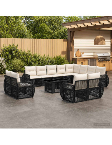 Set Divano da Giardino 13 pz Nero e Bianco Crema polyrattan