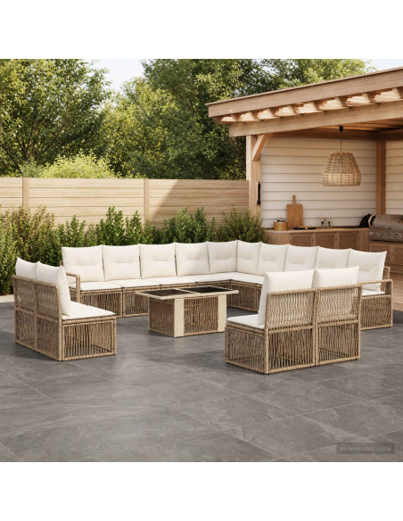 Set Divano da Giardino 14 pz Beige e Bianco Crema polyrattan