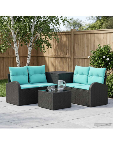 Set di divani 6 pz Nero e Blu Rattan sintetico e Acciaio