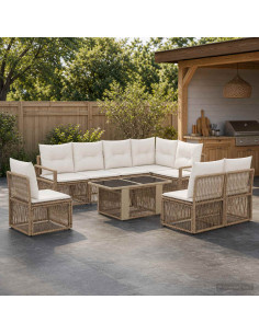 Set Divano da Giardino 9 pz Beige e Bianco Crema polyrattan