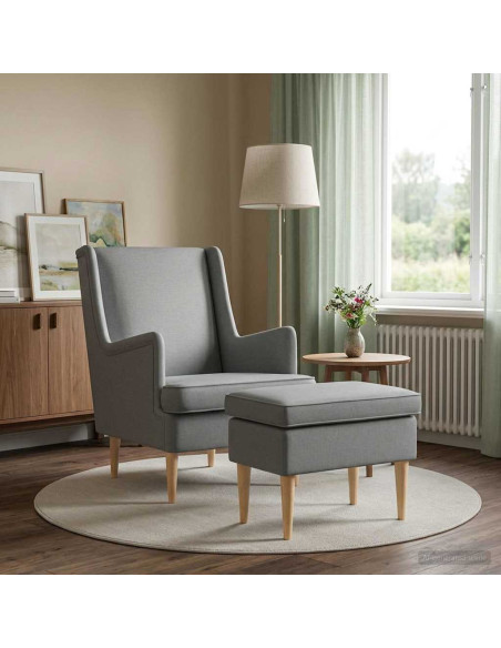 Poltrona con Ottomano 2 pz Grigio Chiaro Tessuto