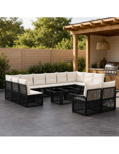 Set Divano da Giardino 13 pz Nero e Bianco Crema polyrattan