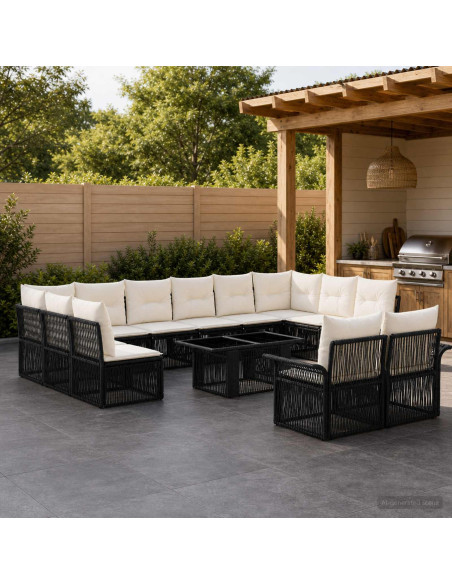 Set Divano da Giardino 13 pz Nero e Bianco Crema polyrattan