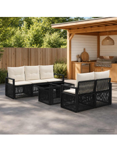 Set Divano da Giardino 6 pz Nero e Bianco Crema polyrattan