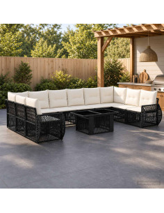 Set Divano da Giardino 11 pz Nero e Bianco Crema polyrattan