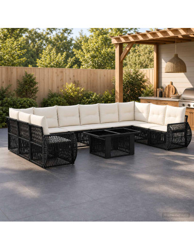 Set Divano da Giardino 11 pz Nero e Bianco Crema polyrattan