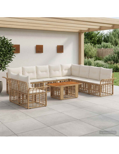 Set Divano da Giardino 11 pz Naturale e Bianco Crema polyrattan