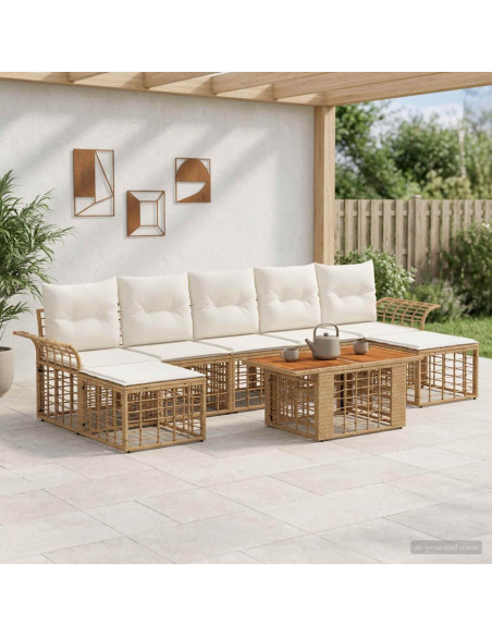 Set Divano da Giardino 8 pz Naturale e Bianco Crema polyrattan