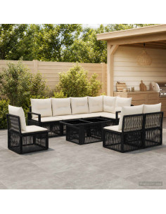 Set Divano da Giardino 9 pz Nero e Bianco Crema polyrattan