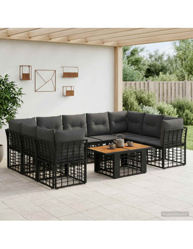 Set Divano da Giardino 10 pz Nero e Grigio scuro polyrattan