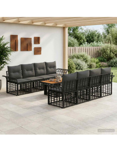 Set Divano da Giardino 9 pz Nero e Grigio scuro polyrattan