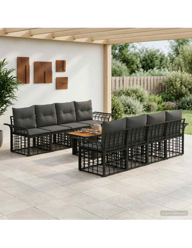 Set Divano da Giardino 9 pz Nero e Grigio scuro polyrattan