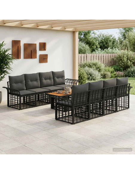 Set Divano da Giardino 9 pz Nero e Grigio scuro polyrattan