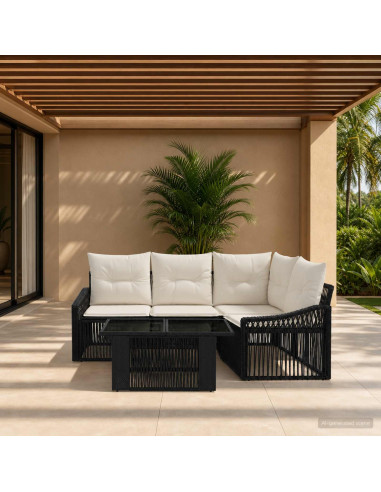 Set Divano da Giardino 5 pz Nero e Bianco Crema polyrattan