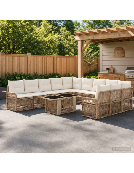 Set Divano da Giardino 12 pz Beige e Bianco Crema polyrattan
